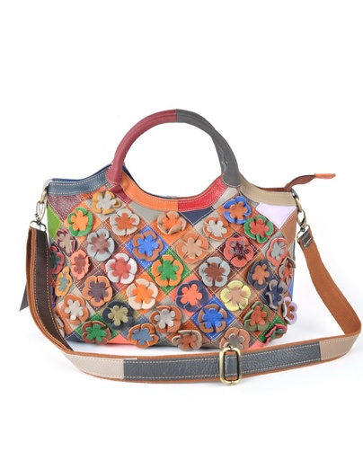 [552257] Leather handbag| Multicolor flowers checked | 552257